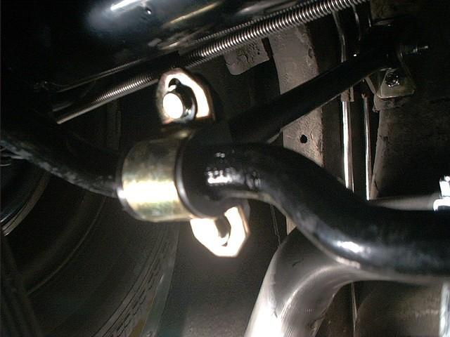 This is a picture of the rear sway bar support at maximum suspension drop.  Kinda close to the rear brake line huh?