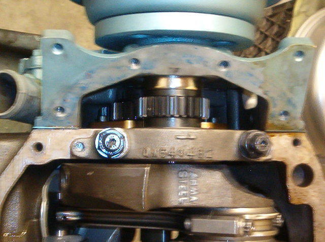 Here is a shot of the installed Gear drive and it's location in reference to the timing cover.  You will see the Factory Fuel Eccentric installed in the OEM location.