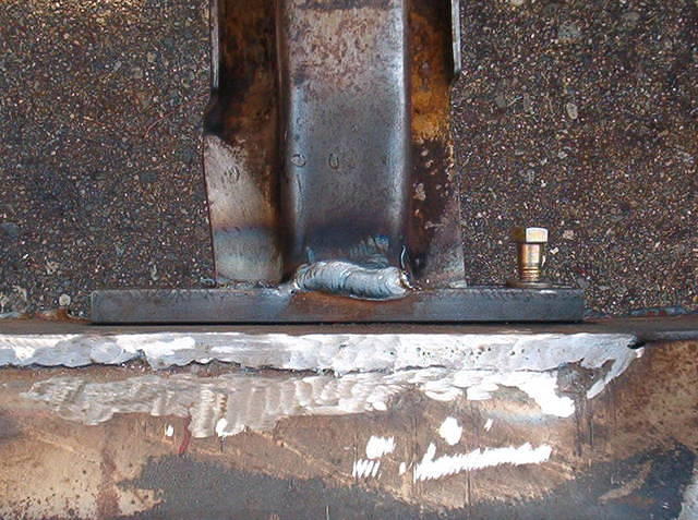 The weld of the Crossmember is shown here.  I need to make sure that the weld is solid.  It has to penetrate the OEM Crossmember and throughly bond to the U Channel.