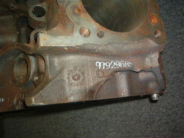 Here is where you will find that all elusive rear casting number.  More important see that Transfer Lug on the upper top passenger side bellhousing bolt?  That indicates that it is a 350 or 421, 428 or 455 block.  Cool huh?