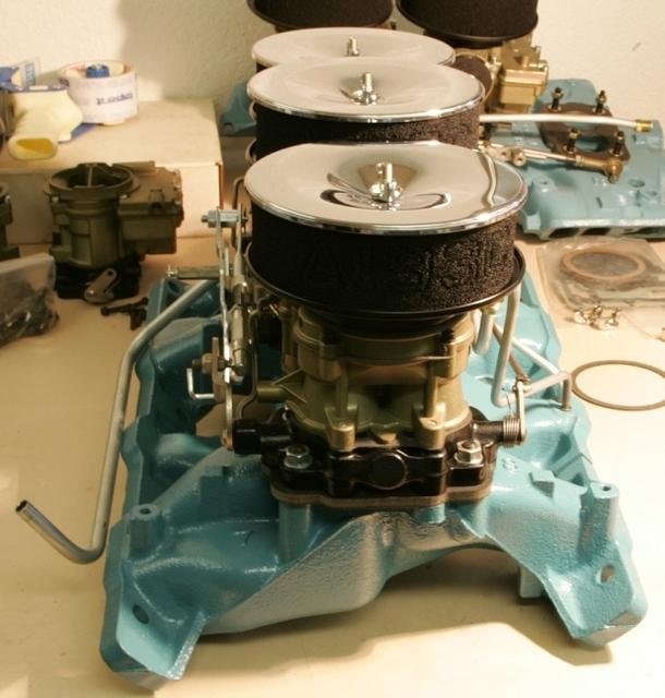 Here is the rear view of the Tri Power.  You will notice that the back carburetor has the correct non threaded vent base.  This is a critical item.