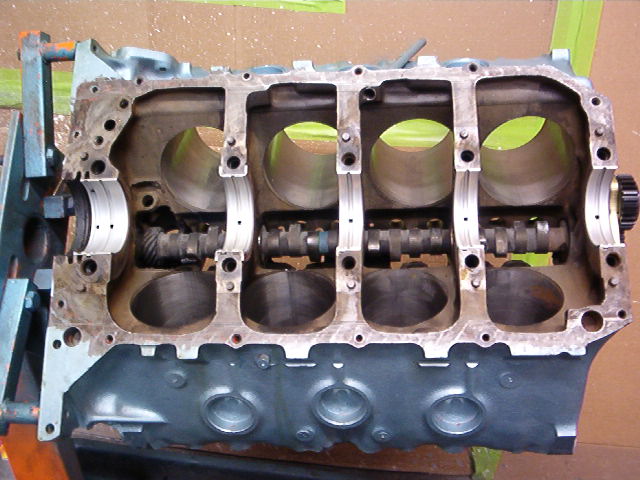 Here you can see the Main line of the block ready for the bearings, lube and crankshaft.  You will notice that the camshaft is allready installed