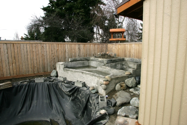 Here is the back pond.  Now in this case I had some of a structure to start with.  It was not very intelligently designed at all.  It was actually poorly designed.  Made out of cinder block.  No rebar.  Now was time to install concrete.