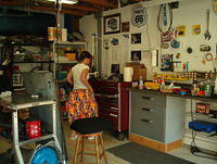 Here is the inside of Jim's garage.  You will notice that his wife is cleaning up the tools and putting them away for future use.  She is a hoot and likes to understand every step.  I will have her welding shortly.